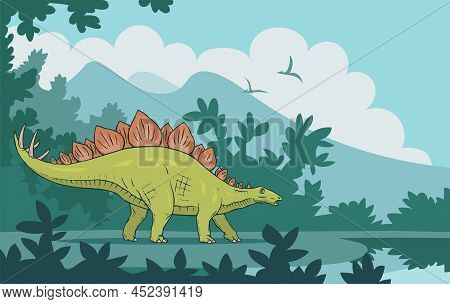Herbivore Stegosaurus On The Background Of An Ancient Forest. A Strong Dinosaur With Spikes On Its T