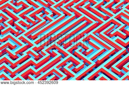 Maze Background, 3d Rendering, Isometric Perspective. In Blue, Red, Orange Colors. Colorful Vector M