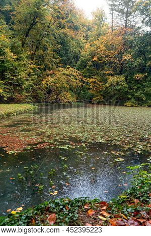 Szalajka Valley Szilvasvarad Hungary On A Rainy Autumn Day With Rain Drops On A Lake .