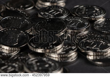 Ukrainian Hryvnias Coins. Background From Ukrainian Coins 10 Hryvnia. Money And Finances