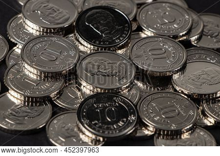 Ukrainian Hryvnias Coins. Background From Ukrainian Coins 10 Hryvnia. Money And Finances