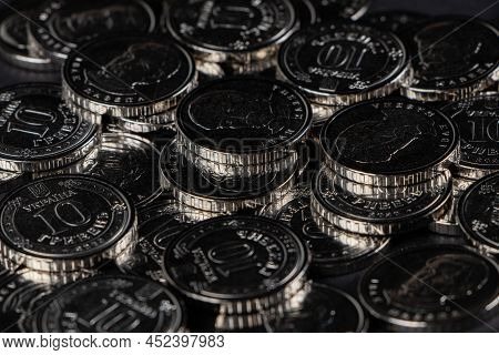 Ukrainian Hryvnias Coins. Background From Ukrainian Coins 10 Hryvnia. Money And Finances