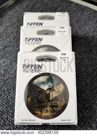 04.10.2021 Warsaw, Poland. Three Tiffen Promist Filters In Their Packaging. High Quality Photo