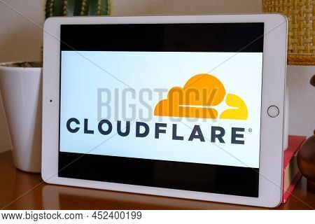 May 2022 Milan, Italy: Cloudflare Company Logo Icon Close-up On Tablet Screen. Cloudflare Illustrati