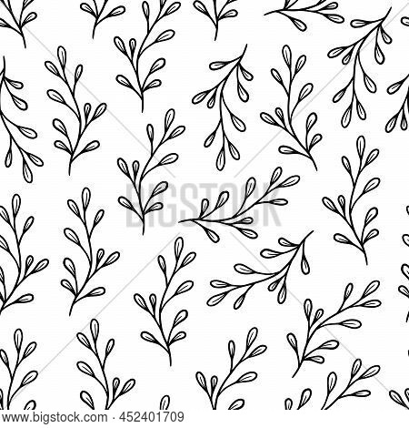 Black And White Leaf Seamless Pattern. Doodle Simple Froral Style. Leaf Background Vector Illustrati