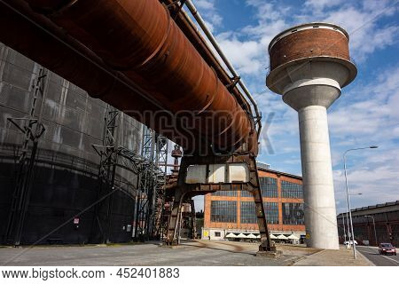 Ostrava, Czechia - September 23, 2020: Water Reservoir, Gong Gas Tank And Historical U6 (maly Svet T