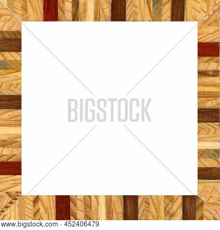 Wooden Marquetry Frame, Wooden Frame Made From A Combination Of Different Woods, Isolated On A White