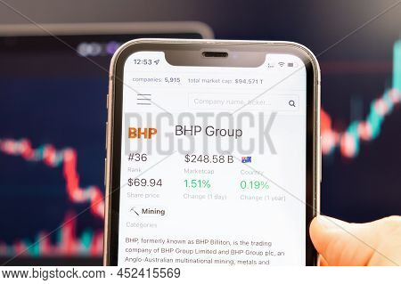 Bhp Group Stock Price On The Screen Of Mobile Phone In Mans Hand With Changing Stock Market Graphs O
