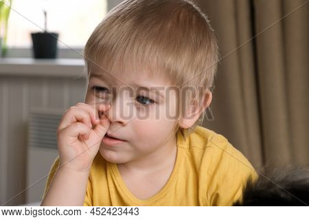 Child Boy With Blonde Hair Baby With Finger In His Nose. Portrait 3 Years Old Kid Picking His Nose. 