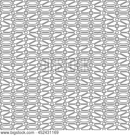 Geometric Bw Asymmetric Seamless Pattern Of Outline Abstract Figures. Black And White Contour Contin