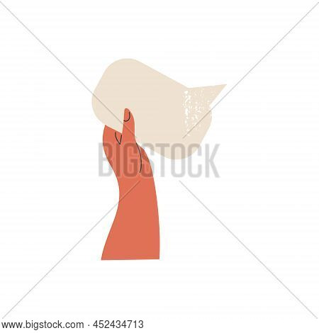 Mans Hand Up Holding White Speech Bubble With Idea Comment Information Opinion Or Message. Voter Wit