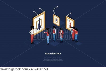 Concept Of Excursions. Group Of People On Excursion With Personal Guide. Male And Female Characters 