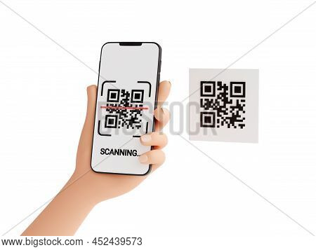 Qr Code Scan Concept - Human Hand Holding Mobile Phone With Barcode Scanning Process 3d Render Illus