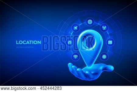 Point Of Location 3d Icon. Pointer Of Map In Hand. Navigation Concept. Map Marker Sign. Gps Pointer 