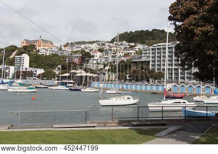 New Zealand, Wellington - January 11 2020: The View Of Lambton Harbour, Oriental Bay, Clyde Quay Mar