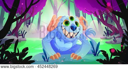 Funny Alien Monster Cartoon Character At Fantasy Nature Landscape. Cute Strange Animal With Blue Fur