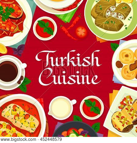 Turkish Cuisine Menu Cover Vector Vegetable Salad, Baked Fish In Tomato Sauce And Red Lentil Bulgur 
