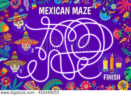 Labyrinth Maze With Mexican Flowers, Calavera Sugar Skulls And Candles. Vector Kids Game Worksheet, 