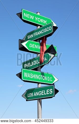Road Sign With Names Of American Cities. New York, Washington, Los Angeles, Denver, San Franciso, Lo