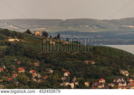Vineyard In Badacsony, Famous Vine Region In Balaton Highland, Hungary. Vine Farm Aerial View.