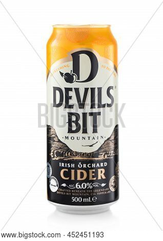 London,uk - February 12,2022: Devil's Bit Irish Orchard Cider On White.