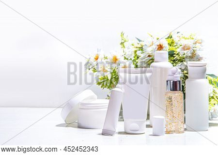 Foraged And Wild-harvested Beauty, Cosmetic Skincare Products On White Background With Wild Grown Fl