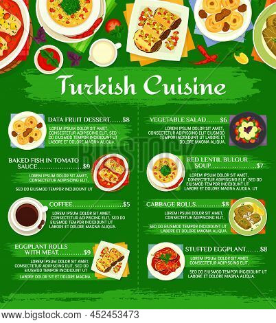 Turkish Cuisine Menu Template Vector Eggplant Rolls With Meat, Coffee And Vegetable Salad. Red Lenti