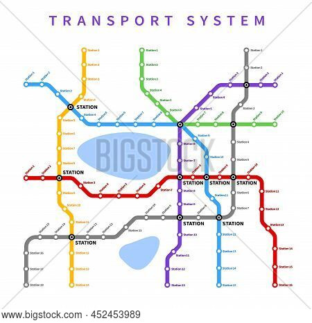 City Subway, Metro Or Underground Vector Map. Urban Railway Station Lines Transport System, Color Co