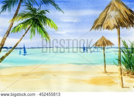 Watercolour Seascape, Beach With Umbrellas And Palms, Sails And Yachts On The Horizon, Hand Darwn Il