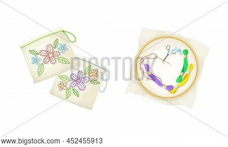 Embroidery Equipment And Sewing Accessories Set. Embroidery Frame Hoop And Canvas Vector Illustratio