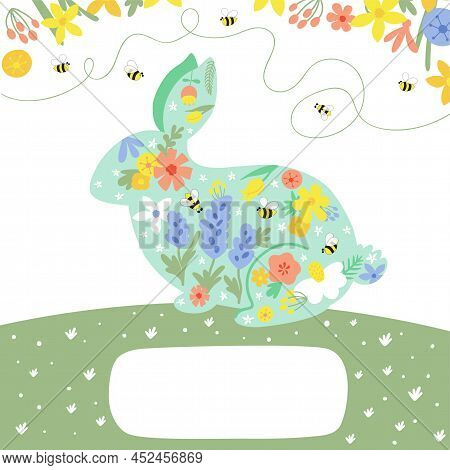 Easter Poster Template With Floral Rabbit Bunny. Happy Easter Invitation. Floral Easter Banner. Cute