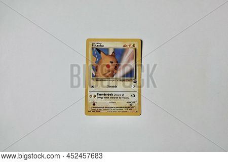Prague, Czech Republic - April 3 2022: Rare Pikachu Promo Card. The Pokemon Trading Card Game Is A C