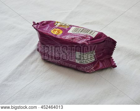 Closeup Of Britannia Tiger Krunch Chocochip Biscuits Pack Isolated On White Background.