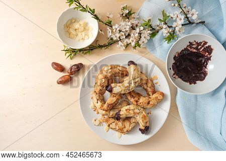 Almond Cookies Without Sugar But With Dates, Oat Flakes And Dark Chocolate, Ingredients And A Spring