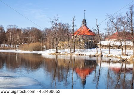 Ancient Medieval Fortress Korela On The Banks Of The Vuoksa River In Early Spring. Spring Landscape.