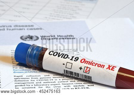 Florence, April 2022: Blood Tube For Test Detection Of Virus Covid-19 Omicron Xe Variant With Positi