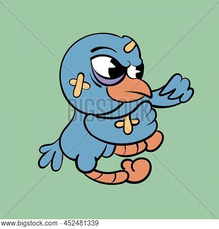 A Pugnacious Beaten Bird In A Plaster. Vintage Toons: Funny Character, Vector Illustration Trendy Cl