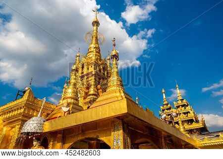 The Castle Mondop Square Hall With A Pyramidal Roof And The Golden Pagoda In The Burmese Temple