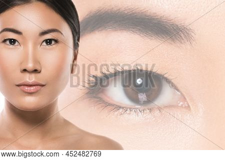 Woman And Eye On Background. Medical Or Beauty Concept.