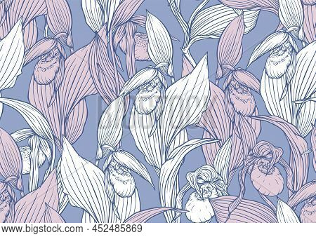 Ladys Slipper Orchid. Cypripedioideae. Seamless Pattern, Background. Vector Illustration. In Botanic