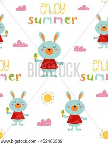 Seamless Pattern Of Cute Bunny With Icecrem On Sun And Clouds Background, Summer Vector Illustration