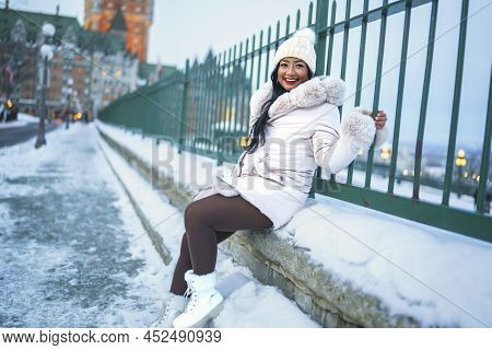 Beautiful Woman Over Night In Quebec Winter