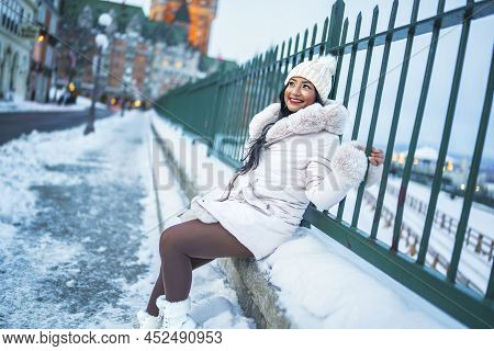 Beautiful Woman Over Night In Quebec Winter