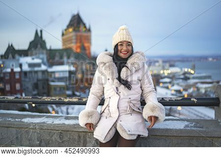 Beautiful Woman Over Night In Quebec Winter