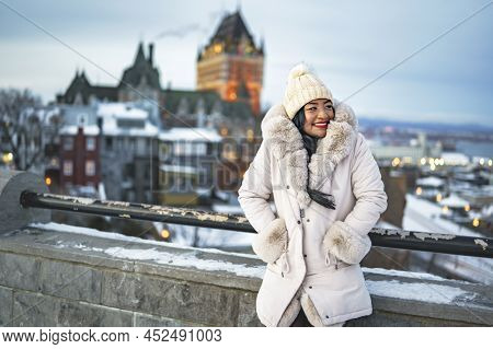 Beautiful Woman Over Night In Quebec Winter