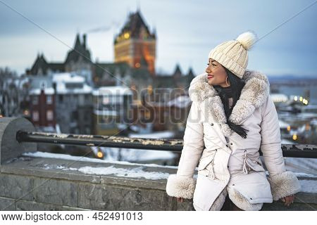 Beautiful Woman Over Night In Quebec Winter
