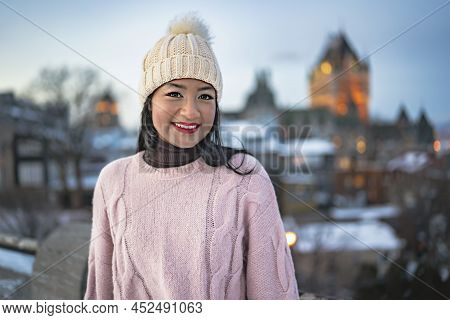 Beautiful Woman Over Night In Quebec Winter