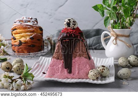 Easter Curd Dessert With Cherries And Chocolate, Decorated With Quail Eggs As Well As Cake Craffin O