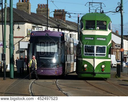 Fleetwood, Blackpool, Lancashire, United Kingdom - 5 March 2022: Modern And Vintage Blackpool Trams 