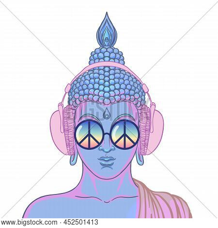 Peace And Love. Colorful Buddha In Rainbow Glasses Listening To The Music In Headphones. Vector Illu